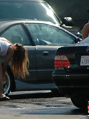 Candid upskirt, near the car. She washed car and flashed upskirt picture