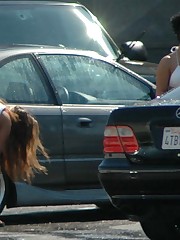 Candid upskirt, near the car. She washed car and flashed upskirt photo