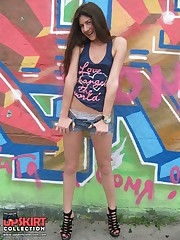 Hot girl wearing denim shorts teen upskirt