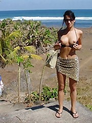 Chick sliding off bra and sunbathing bare titted upskirt photo