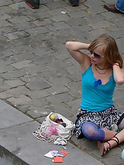 Upskirting - blonde teenie in blue leggings upskirt photo