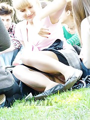 Upskirt girl in stockings on picnic teen upskirt