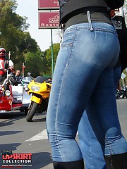 Tight blue jeans on firm butt cheeks upskirt pussy