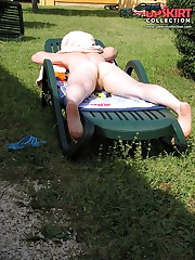 Blonde nudist hot posing on picnic upskirt pantyhose