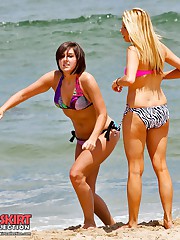 Leggy girls in bikini play around upskirt pussy