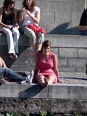 Busty chick voyeured in public. Up skirt sitting