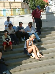 Spy upskirt, of beautiful blonde in denim mini