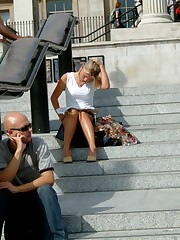 Spy upskirt, of beautiful blonde in denim mini