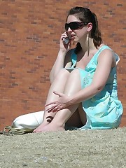 Public upskirt flashing girls - brunette in blue